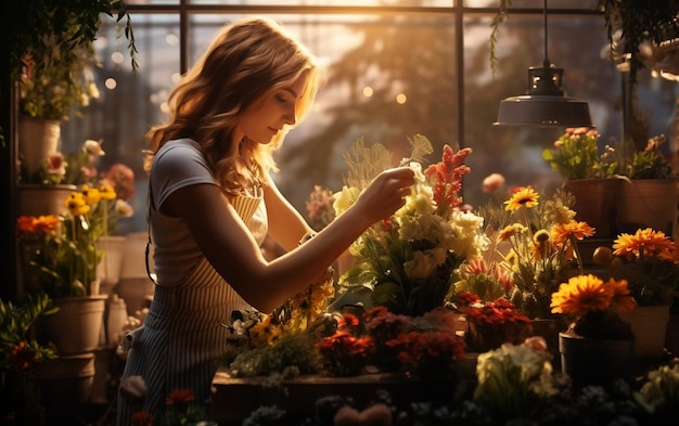 Bloeiende zakelijke bloemistenvrouw bij haar bloemenwinkel Generatieve AI