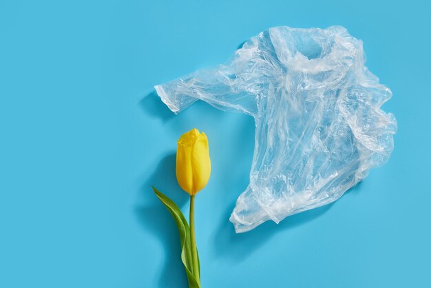 bloem in een plastic zak op een blauwe achtergrond het concept van het redden van de planeet en de vervuiling van de