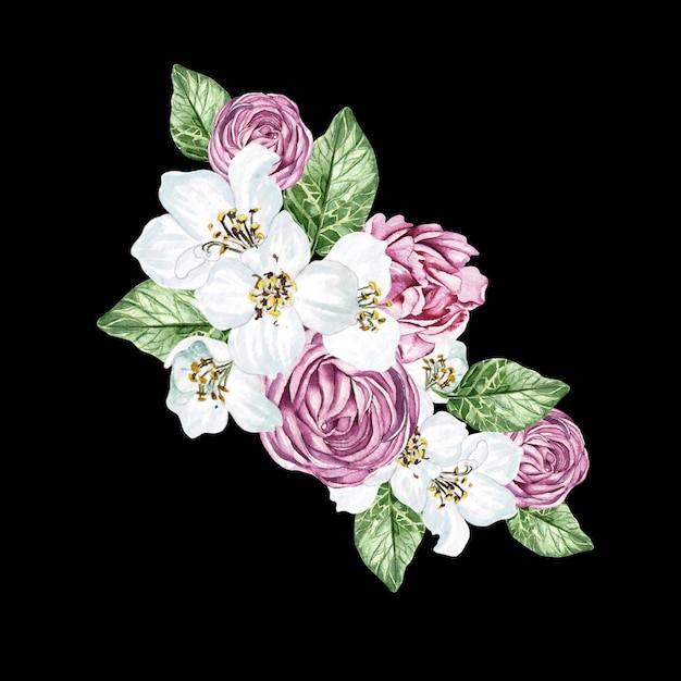 Bloem kersenbloesem en rozen groene bladeren Bloemen bruiloft krans Aquarel