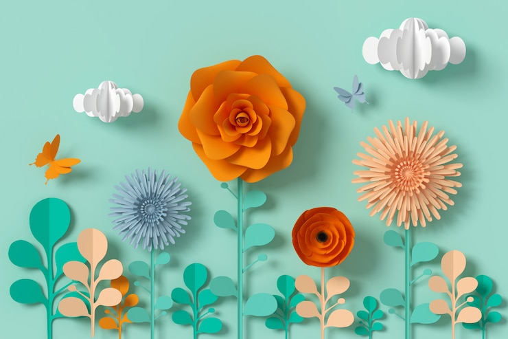Foto bloem papierstijl, kleurrijke roos, papieren ambachtelijke bloemen, vlinderpapier.