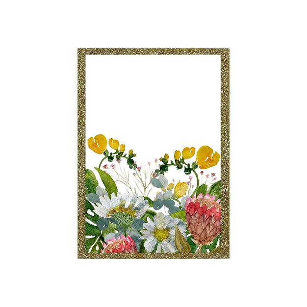 Bloem protea madeliefje palm frame goud. Een aquarel illustratie. Handgetekende textuur, geïsoleerd.