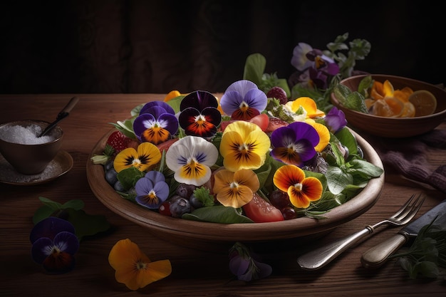 Bloem Salade Eetbare Bloemen Schotel Pansy Salat Abstracte Generatieve AI Illustratie