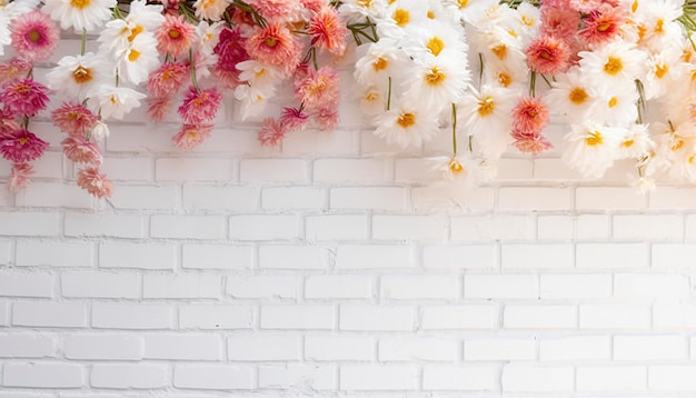 Foto bloem textuur achtergrond voor bruiloft scène bloemen op witte bakstenen muur met vrije ruimte voor tekst bruiloft of feest decoratie bloemstuk floristiek instelling genereren ai