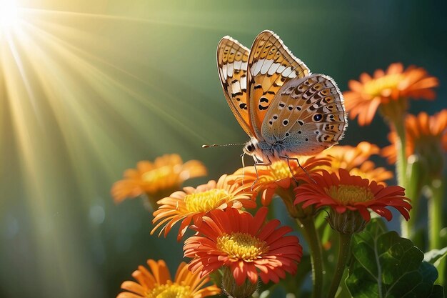 Bloemachtige achtergrond gerberie in de stralen van licht en vlinder