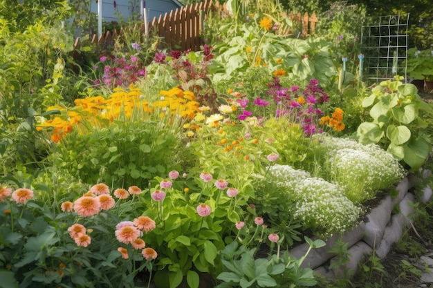 Foto bloembed vol met bloemen en groenten die bloeien in de nabijgelegen tuin