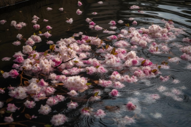 Bloemblaadjes van kersenbloesem drijvend op stilstaand water gecreëerd met generatieve AI
