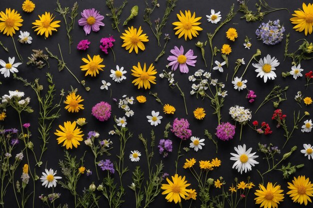 Bloemcompositie Kleurige wilde bloemen op een zwarte achtergrond bovenkant Florale abstracte achtergrond