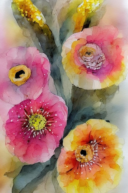 Foto bloemen abstract aquarel op papier geel roze zwarte kleuren ai gegenereerd