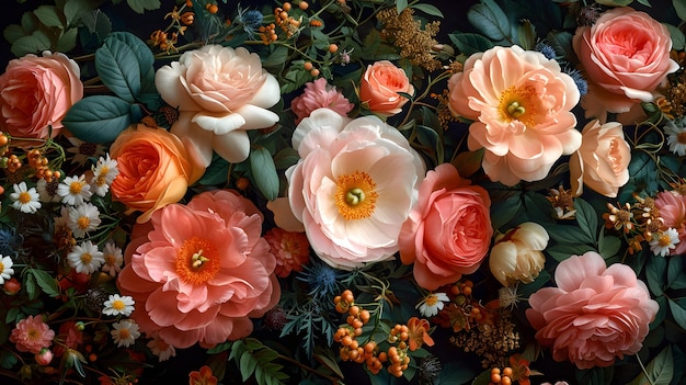 Foto bloemen achtergrond met prachtige rode oranje roze paarse groene en witte bloemen bruiloftsdecoratie