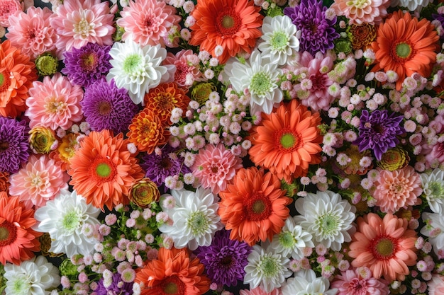 Bloemen achtergrond met verbazingwekkende rode oranje roze paarse groene en witte chrysanthemum bloemen bruiloft decoratie handgemaakte prachtige bloemen achtergrond