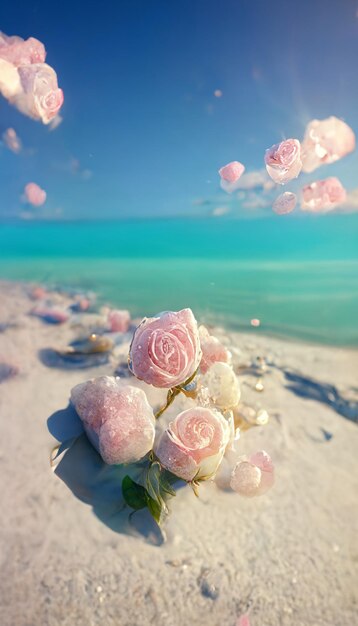 Bloemen drijven in het zand in de buurt van oceaan generatieve ai