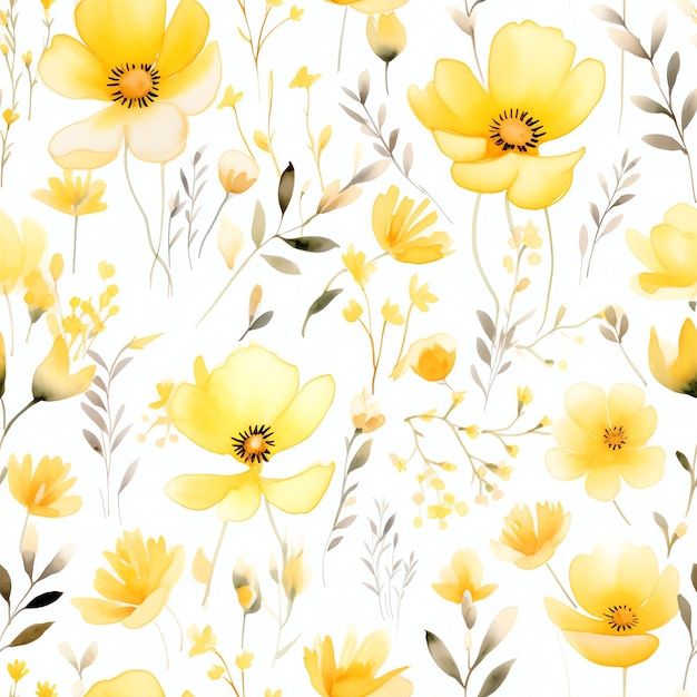 Bloemen Dromerig Waterverfpatroon Overheersend geel
