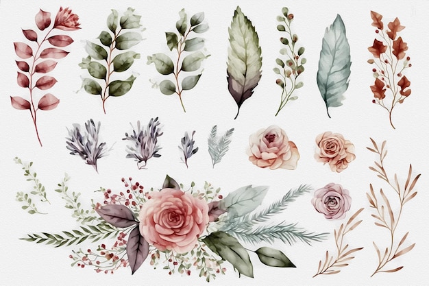 Bloemen en bladeren aquarelontwerp op witte achtergrond Generatief ai-ontwerp