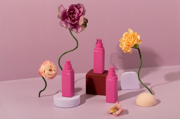 Foto bloemen en cosmetische producten hoge hoek