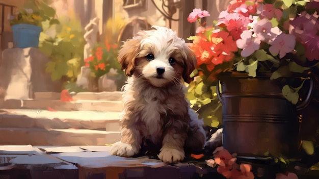 Bloemen en de puppy digitale kunst