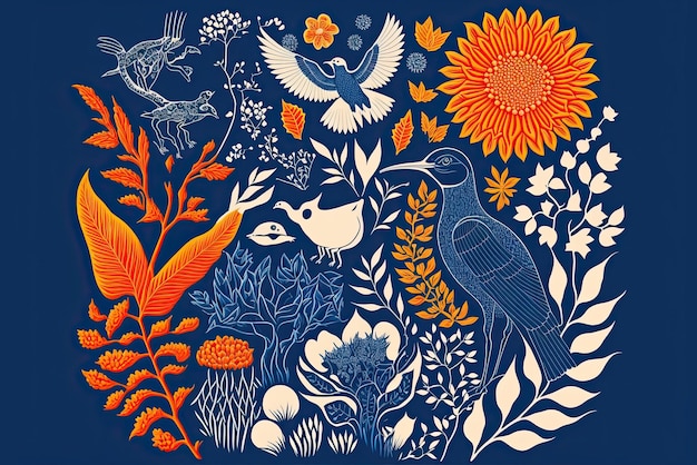Bloemen- en dierenpatroon bloemen dieren rozen organisch patroon esthetische poster print samenstelling Generatieve AI