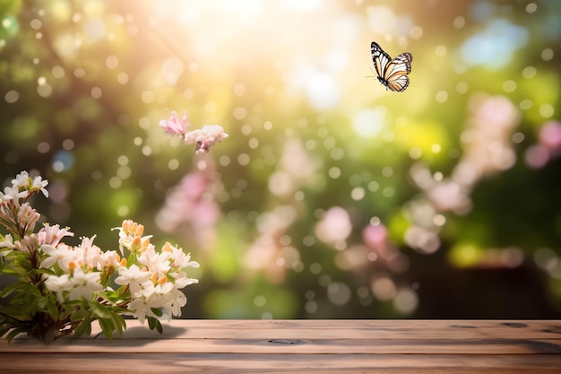 Bloemen en een vlinder op een houten tafel