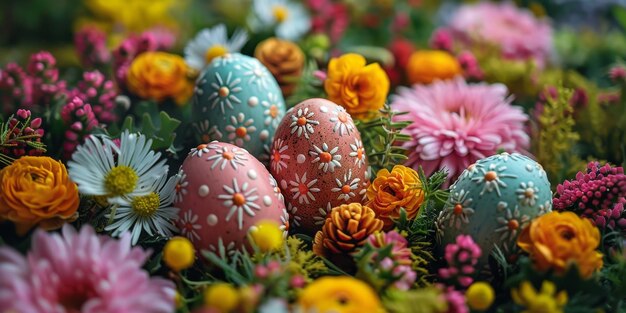 Bloemen en eieren verspreid over het veld