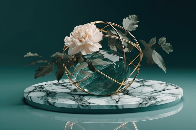 Bloemen en minimale metalen sculpturen op mat marmer Genative AI