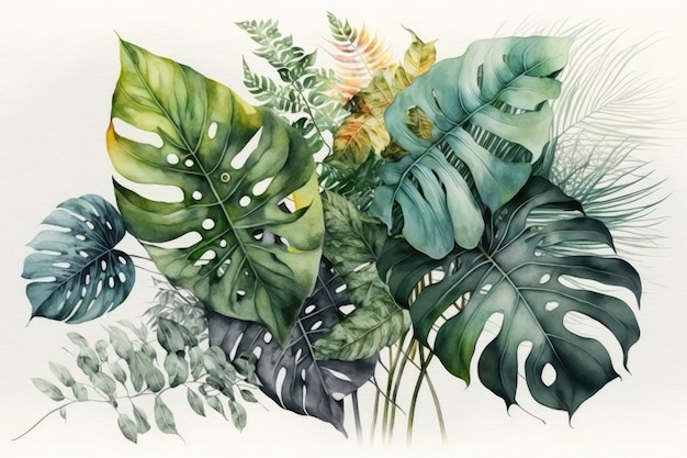 Bloemen en monstera deliciosa laat aquarel schilderen