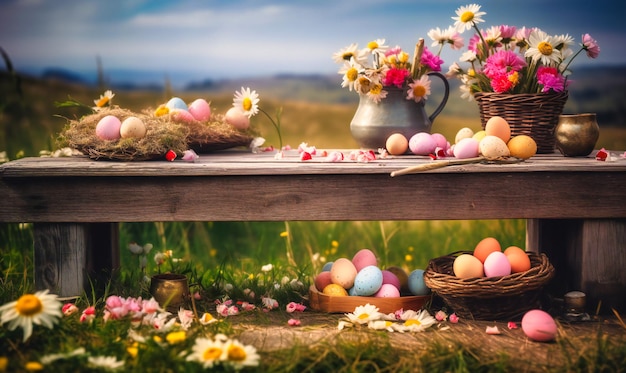 Bloemen en paaseieren op een houten tafel omgeven door groen gras