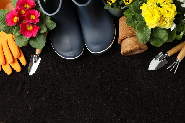 Bloemen en tuingereedschap op grond achtergrond, ruimte voor tekst