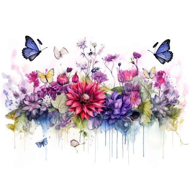 bloemen en vlinders geschilderd in waterverf op een witte achtergrond generatieve ai