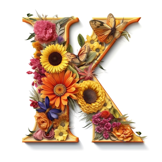 Bloemen en zonnebloem kleurrijke illustratie letter K Generatieve AI