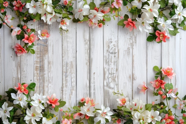 Bloemen frame op witte houten achtergrond Bovenbeeld met kopieerruimte