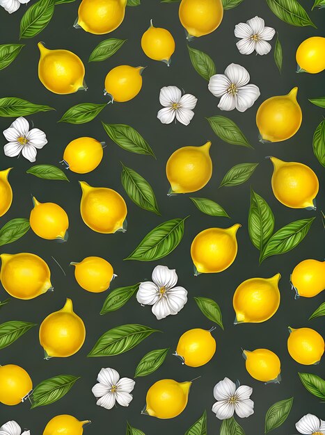 Bloemen geschilderde achtergrond met realistische bladeren van hele citroenen en een neutraal kleurenpalet Generatieve AI gegenereerd