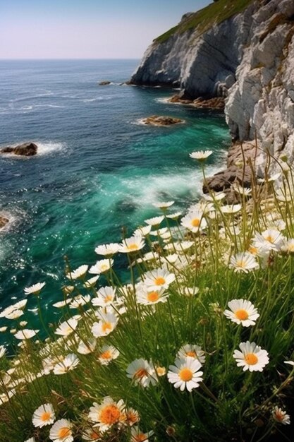 Bloemen groeien op de rand van een klif met uitzicht op de generatieve ai van de oceaan