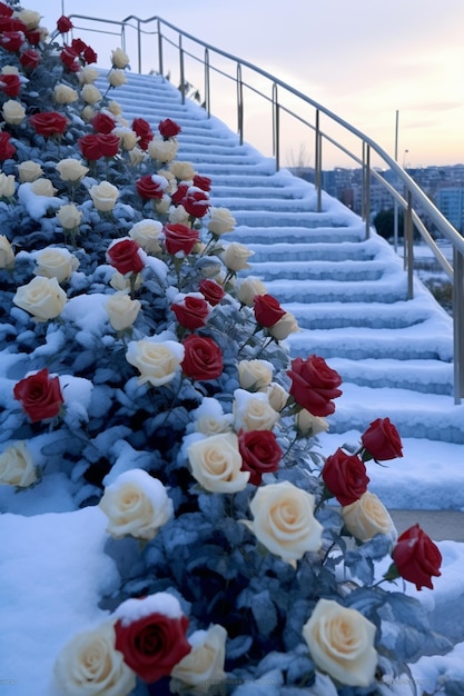 bloemen groeien op de trappen van een besneeuwde trap generatieve ai