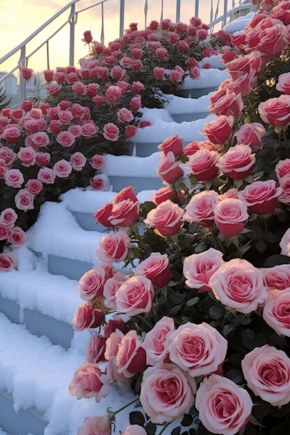 Foto bloemen groeien op de treden van een besneeuwde trap generatieve ai