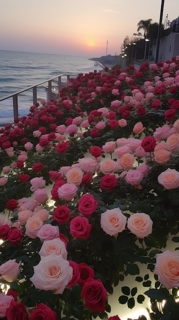 bloemen groeien op een trottoir bij de oceaan bij zonsondergang generatieve ai