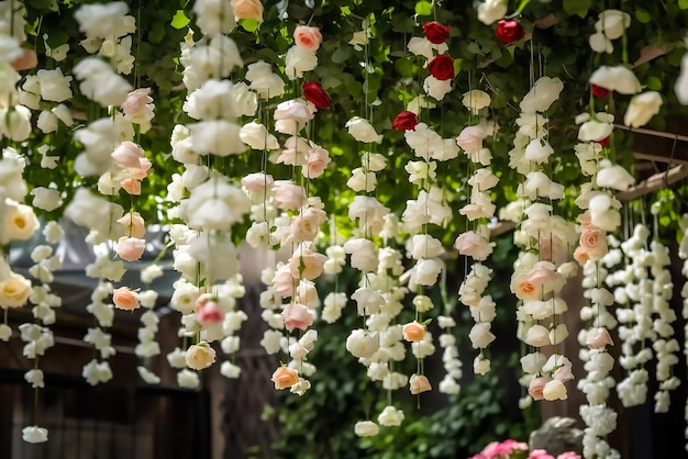 Bloemen hangend aan een plafond in een tuin