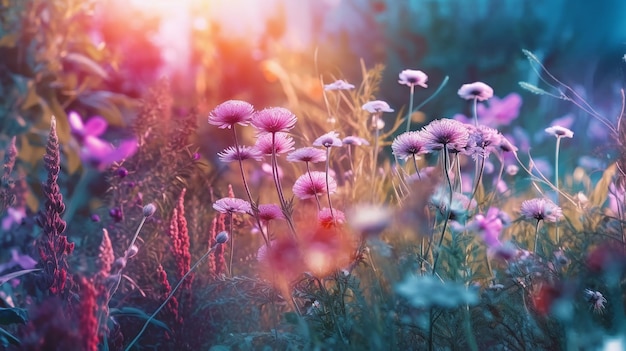 Bloemen in de tuin met de zon erachter