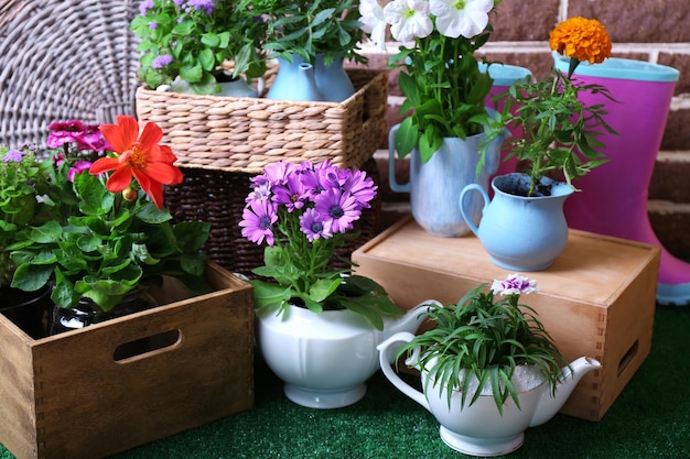 Bloemen in decoratieve potten en tuingoederen op groen gras op bakstenen achtergrond