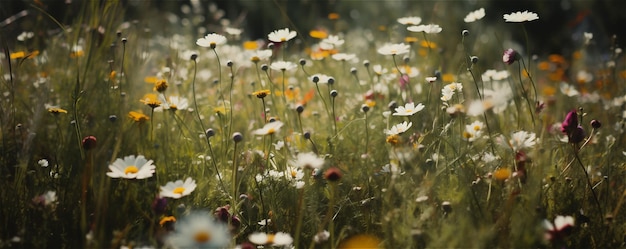 Bloemen in een groen gras op een zonnige weide banner AI gegenereerde inhoud