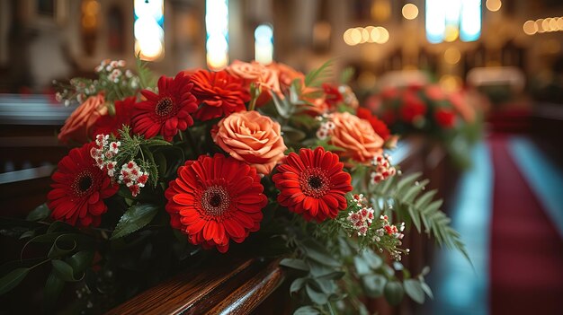 bloemen in een mand op een tafel in een kerk selectieve focus