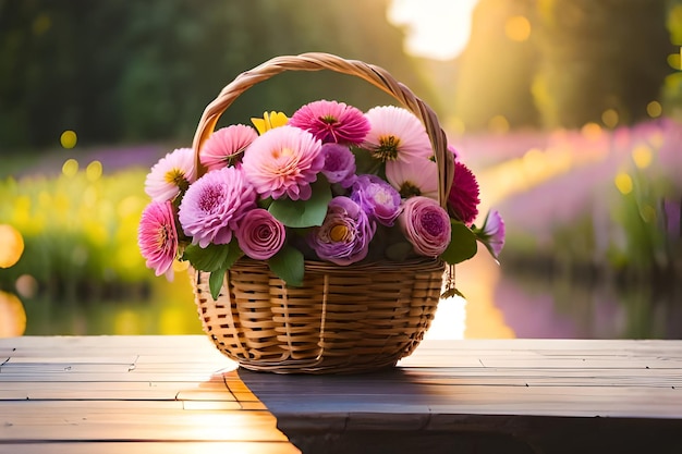 bloemen in een mand op een tafel