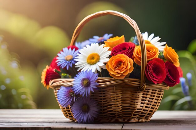 bloemen in een mand op een tafel