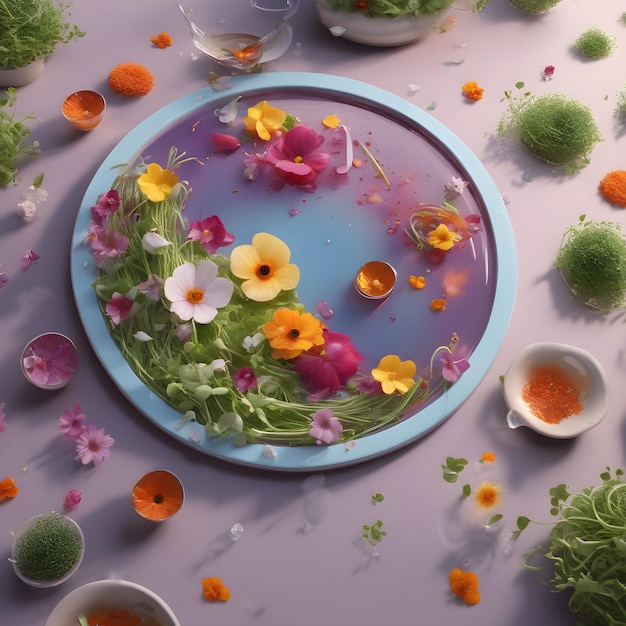 bloemen in een ronde plaat in het water 3d render generatieve ai