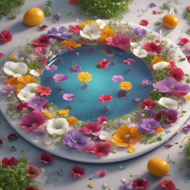 bloemen in een ronde plaat in het water 3d render generatieve ai