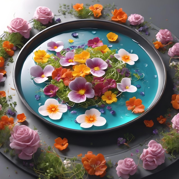 bloemen in een ronde plaat in het water 3d render generatieve ai