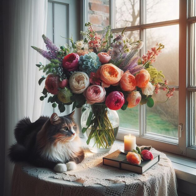 Bloemen in een vaas bij het raam.