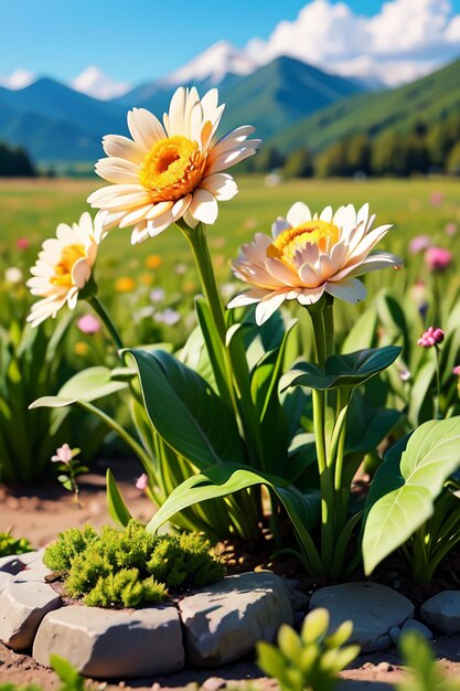 Bloemen in een veld met bergen op de achtergrond