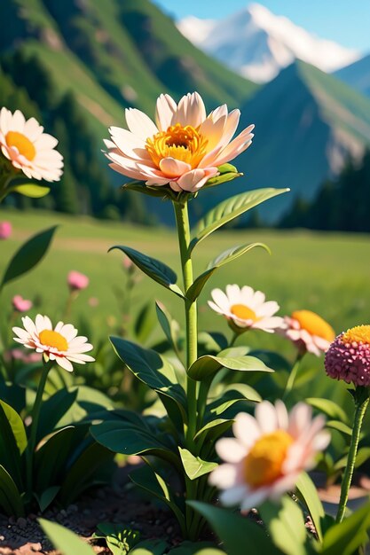 Bloemen in een veld met bergen op de achtergrond