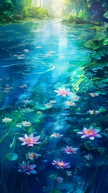 Bloemen in het water met zonnestralen