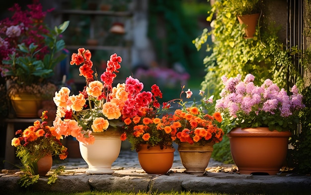 Bloemen in potten in de tuin