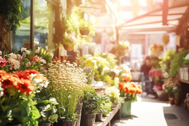 Bloemen in potten op het terras van een bloemenwinkel